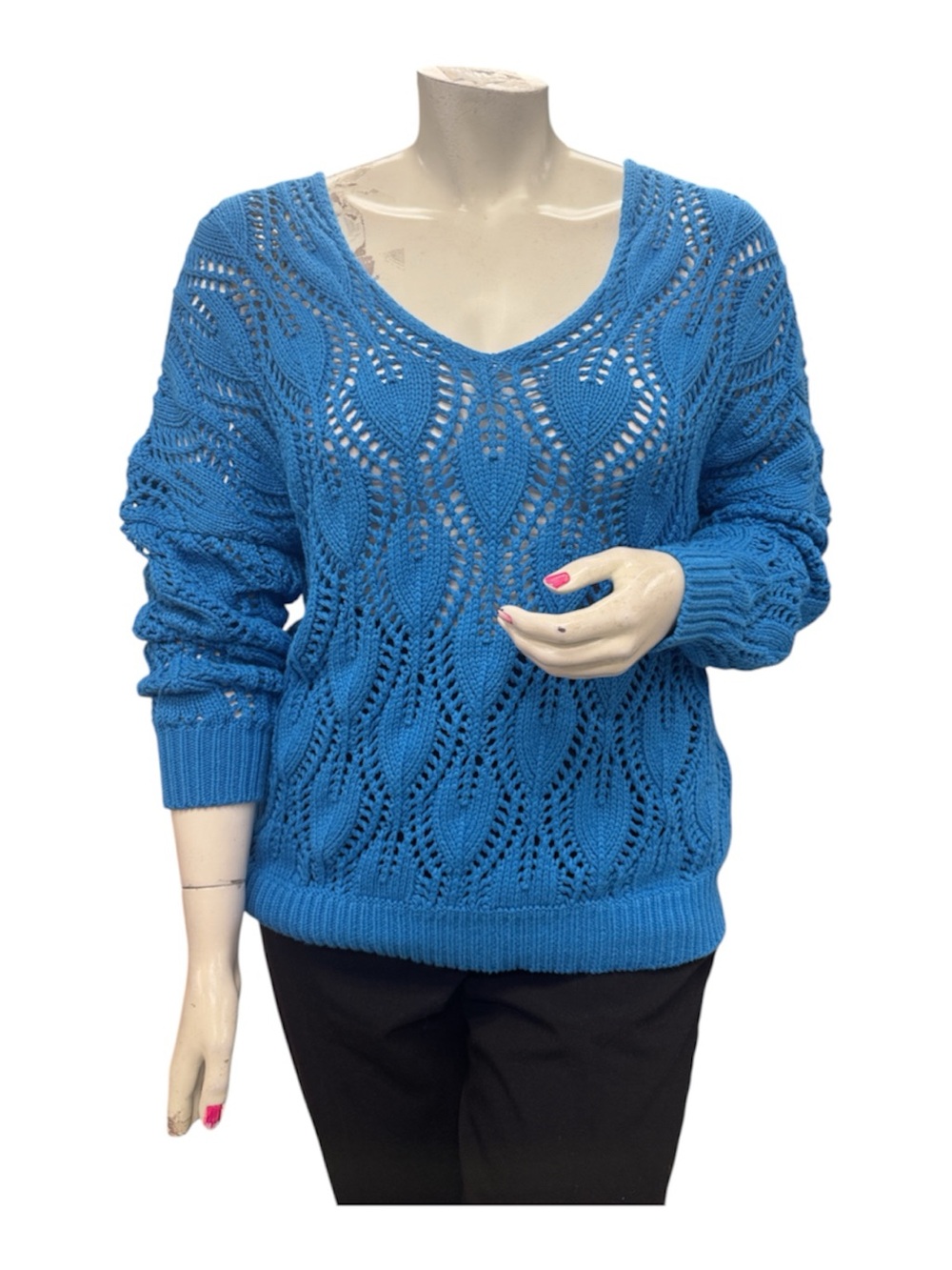Blue Open-Knit V-Neck Women's Sweater
